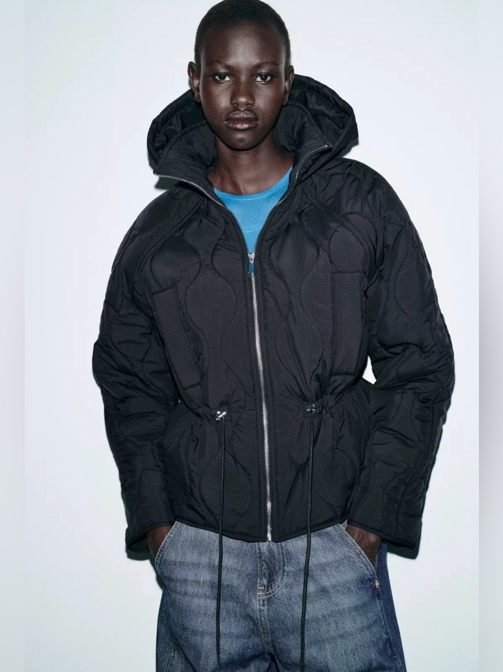 Zara NWT Black Quilted Hooded Cinched Waist Jacket Drawstring Utility Coat